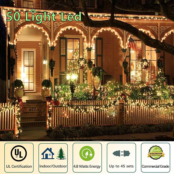 25ft 50 Counts Warm White LED Christmas Lights - Commercial Grade Outdoor Waterproof, Green Wire, Xmas Tree Lights, IP:65, UL