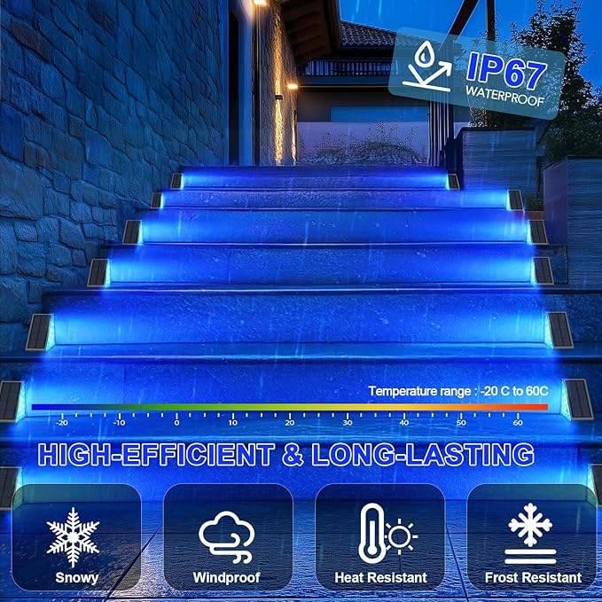 12 Pack Solar Stair Lights, Outdoor Step Lights with Waterproof IP67, Blue Color LED Solar Light for Outside Light | Lumora