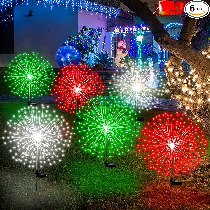 6 Pcs Christmas Solar Firework Stake Lights 180 LED 8 Modes Solar Waterproof LED Sparkler Lights Outdoor Decoration for Garden Patio Yard Pathway Walkway Lawn Xmas Decor (Red Green White)