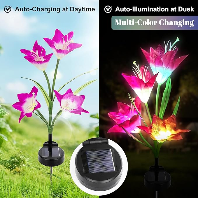 Solar Powered Lily Flower Lights Outdoor, Waterproof Color Changing Garden Lights with Large Solar Panel, 2 Pack for Patio, Yard, Pathway Decoration