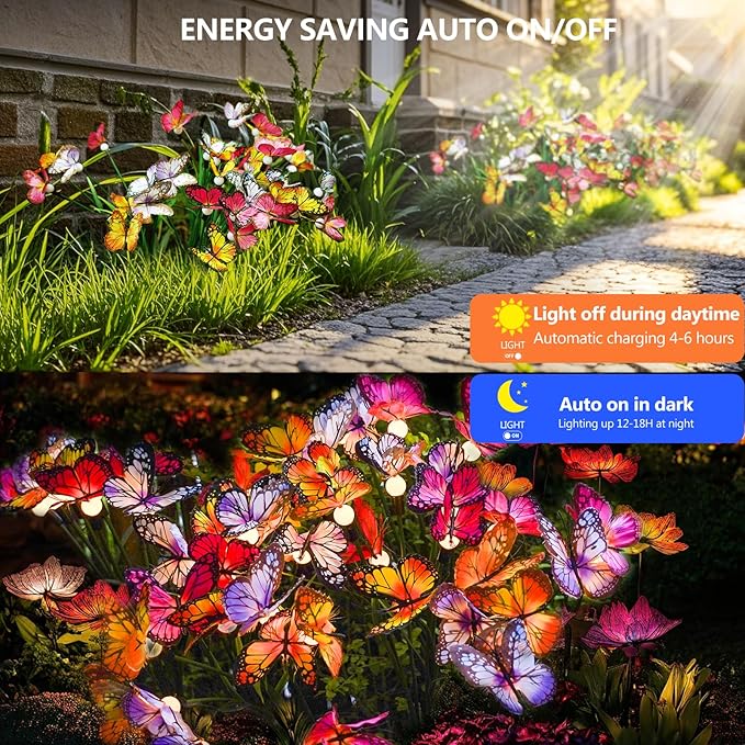 Flumy Solar Butterfly Flower Lights - LED Garden Stake, Waterproof Solar Light for Outdoor Butterflies Decorations, Perfect for Gardens, Birthday Parties, and Gifts for Women