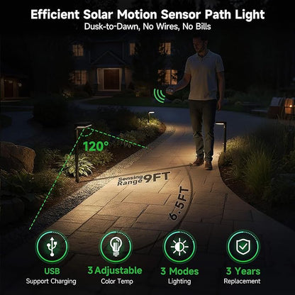 Solar Motion Sensor Lights Outdoor Pathway, Warm & Daylight 3000k/5000k/7000k Path Light IP65 Waterproof, 3 Modes Black Walkway Lighting with Remote Control for Driveway Garden (8 Pack)