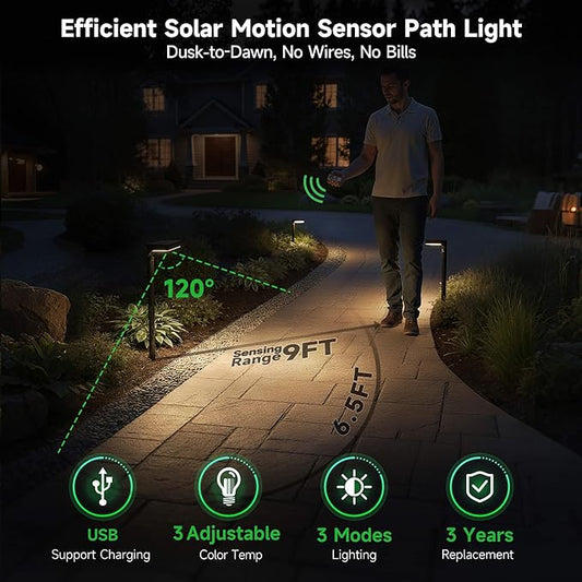 Solar Motion Sensor Lights Outdoor Pathway, Warm & Daylight 3000k/5000k/7000k Path Light IP65 Waterproof, 3 Modes Black Walkway Lighting with Remote Control for Driveway Garden (8 Pack)
