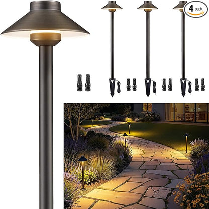 Gardenreet Low Voltage Landscape Lighting Brass - 12v Pathway Lights IP65 Waterproof, Hard Wired Path Light Outdoor, Mushroom-top Bronze for Exterior Area Patio House G4 Bulb Not Included (4 Pack)