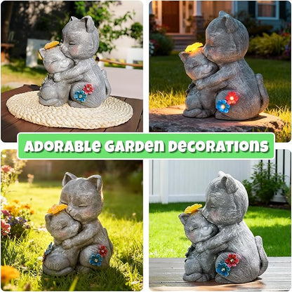 Solar Garden Statue Light, 8inch Cute Cats with Flowers Outdoor Deco for Patio, Lawn, Yard, Housewarming Birthday Gifts for Cat Lovers, Mom,Grandma,Women (Grey Cat)