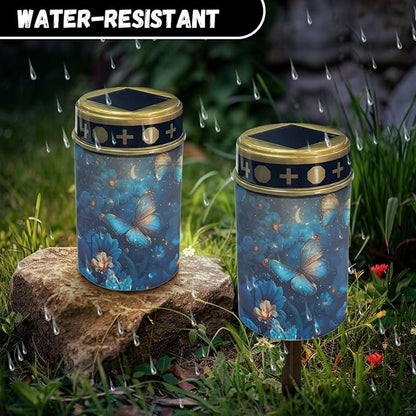 Blue Butterfly Outdoor Solar LED Lights Waterproof Flameless Memorial Lighting Cemetery Solar Lights Dustproof Garden Light Stake for Garden Landscape Pathway Patio Sidewalk Decor