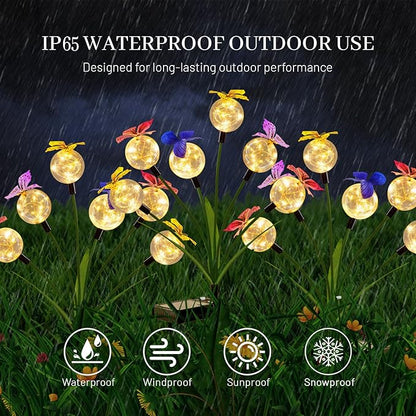 2 Pack Solar Outdoor Decorative Lights, Garden Lights Solar Powered with 12 Led Globe Lights and Butterflies, Gifts for Women Grandma, Solar Decorations for Garden Yard Lawn Ornaments (Butter Warm)