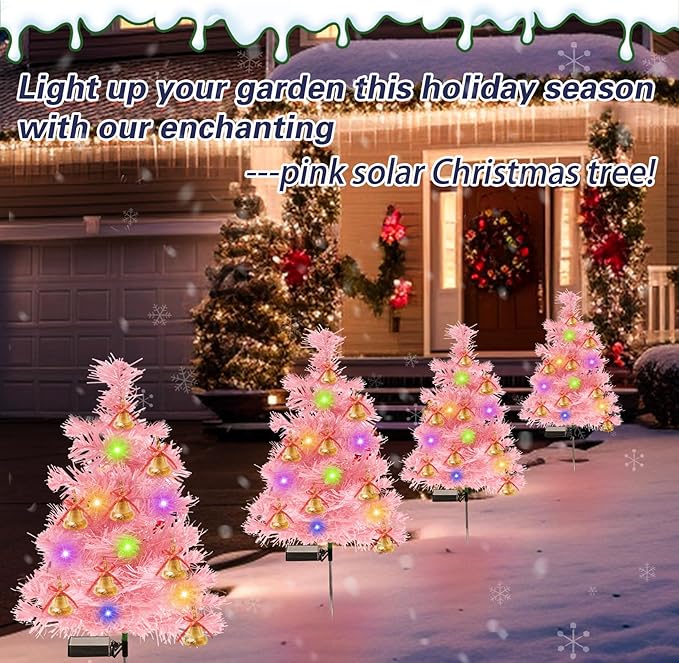 TONULAX Solar Christmas Tree Lights, Outdoor Christmas Decorations for Yard & Garden, Solar Powered Pink Color Christmas Tree Pathway Lights for Front Door & Lawn Decor (2 Pack)