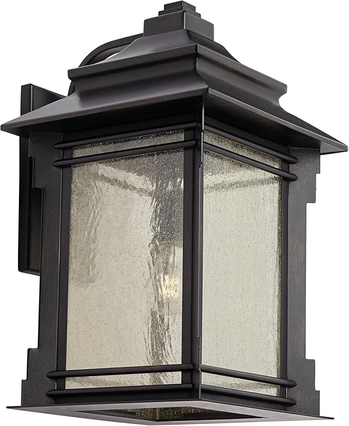 Franklin Iron Works Hickory Point Farmhouse Rustic Mission Outdoor Wall Light Fixture Bronze Lantern 19" Frosted | Lumora