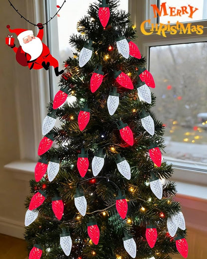 C9 Red White Christmas Lights Outdoor, 25Ft LED Strawberry Xmas Light 25 LED Shatterproof Bulb Lights, Plug in C9 Christmas String Light Connectable for Outside Indoor Home Porch Tree Xmas Decor