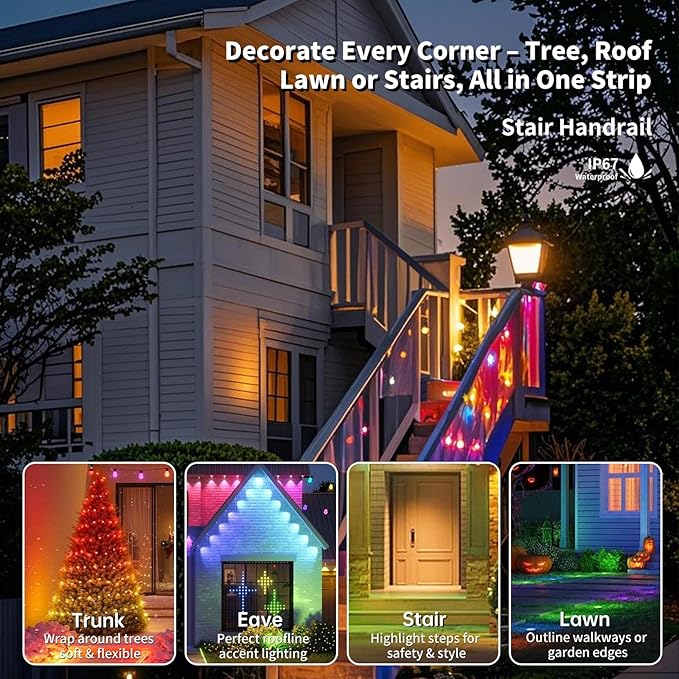 100FT Solar Powered Outdoor Lights with Remote and 111ft Outdoor RGB Eaves Lights | Lumora