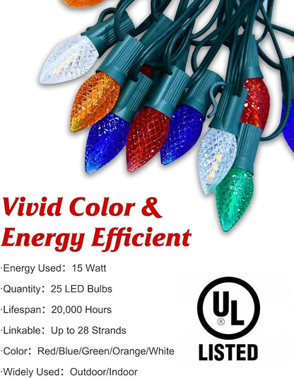 SUNSGNE 25FT Outdoor Christmas String Lights with 25 C7 LED Diamond Shatterproof Colored Bulbs, Multicolor Christmas Lights for Patio Yard Porch Balcony Gazebo Party Decorations, Green Wire