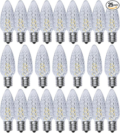 C9 Christmas Light Bulbs 25 Pack, Shatterproof Replacement LED Bulb, 2700K Warm White Fairy Lights for Indoor and Outdoor Holiday Decoration, E17 Base