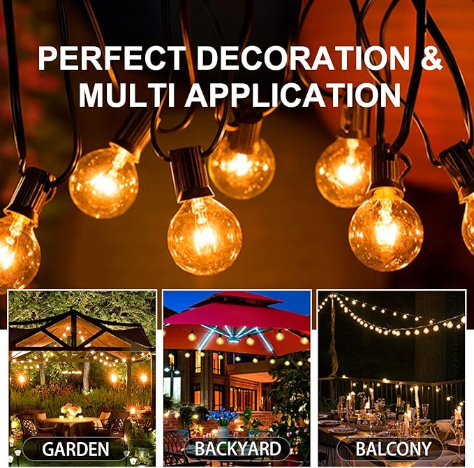 100FT G40 Outdoor String Lights with 100 Glass Edison Bulbs (4 Spare), 4W E12 Base Warm Yellow Globe Patio Lights | Lumora