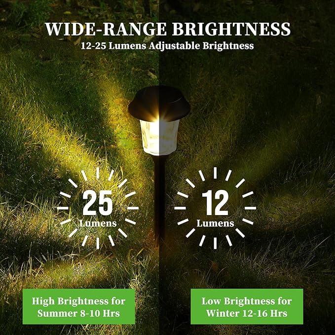 Solar Lights Outdoor Waterproof, Glass & Stainless Steel LED Stake Lamps, Dimmable 12/25 Lumens IP65, Auto On/Off Solar Powered Lighting for Patio, Sidewalk, Front Yard, Walkway (4 Pack Warm White)