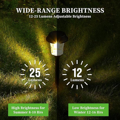 Solar Lights Outdoor Waterproof, Glass & Stainless Steel LED Stake Lamps, Dimmable 12/25 Lumens IP65, Auto On/Off Solar Powered Lighting for Patio, Sidewalk, Front Yard, Walkway (4 Pack Warm White)