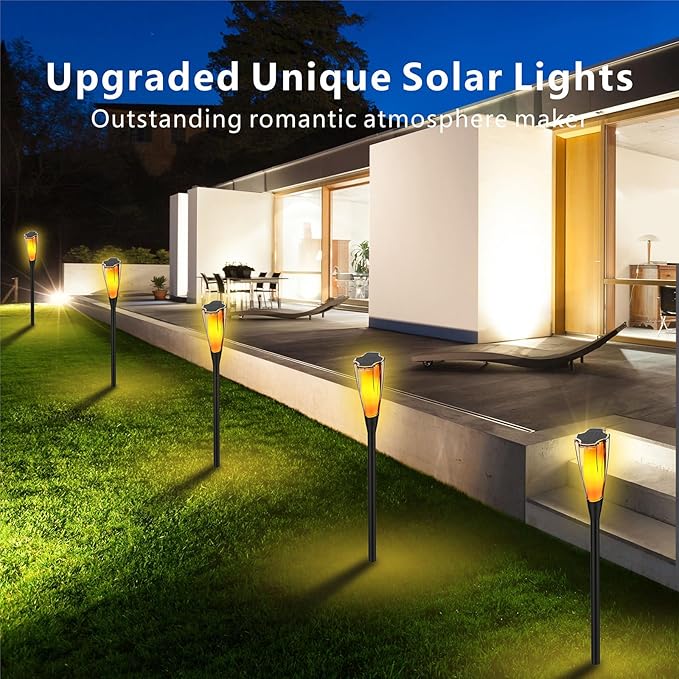 Solar Pathway Lights, 2 Pack Solar Garden Lights with Warm Light Flickering Flame & RGB Gradient, Solar Lights Outdoor Waterproof Decor Lights for Yard Lawn Landscape Walkway Driveway (Flower-2Pack)