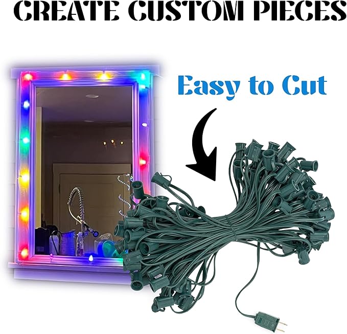 HLO Lighting C7 Light Strings | 25' Green Cord with 12" Socket Spacing, E12 Christmas Light Stringer | Lumora