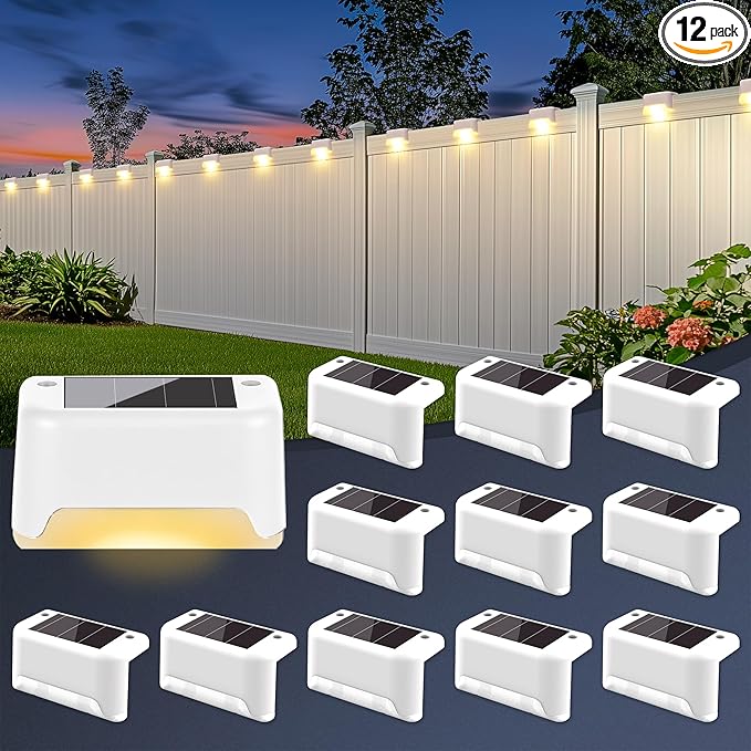 Solar Deck Lights Outdoor Waterproof, Solar Powered Fence Lights for Outside Stairs, Step, Yard, Patio, Garden and Pathway Decor(Warm White) 12Pack