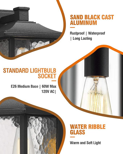 Beionxii Outdoor Light Fixture, 14 inch Dusk to Dawn Exterior Wall Mount Lantern Outside Lights for House Patio, Black Cast Aluminum w/Water Glass - A272W-1PK