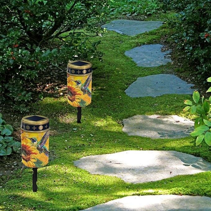 Garden Decor Hummingbird Sunflower Solar Light Outdoor Stake Patio Yard Lawn Porch Pathway Grave Solar Lights for Cemetery Christmas Outside Waterproof Decorations