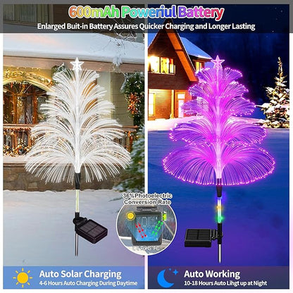 Solar Christmas Decorations Trees Lights Outdoor Waterproof Solar Christmas Tree Jellyfish Lights 5 Layer Optical Fiber 7 Color Changing for Pathway Lawn Patio Outside Decorative, 3PCS