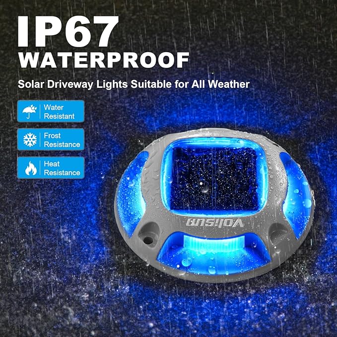 VOLISUN Solar Driveway Dock Marine Lights 8-Pack,2 Colors in 1,Outdoor LED Deck Lights,Solar Powered Waterproof Driveway Marker Light for Warning Step Sidewalk Pathway (White/Blue),Saltwater Resistant