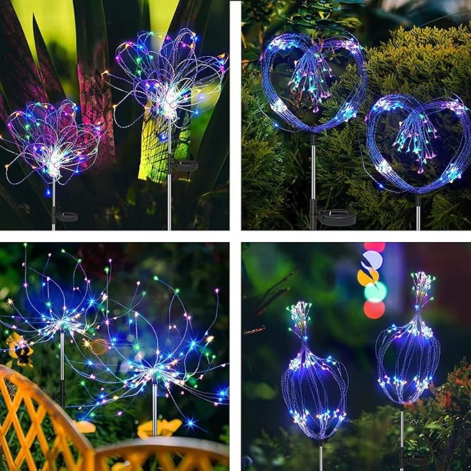 Solar Firework Lights 2Pcs Garden Lights Outdoor Waterproof, 120 LED with 8 Modes Twinkling and Steady-On, Festive daysStarburst Lights for Path, Patio, Yard (Colorful)