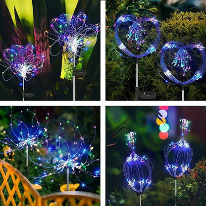 Solar Firework Lights 2Pcs Garden Lights Outdoor Waterproof, 120 LED with 8 Modes Twinkling and Steady-On, Festive daysStarburst Lights for Path, Patio, Yard (Colorful)
