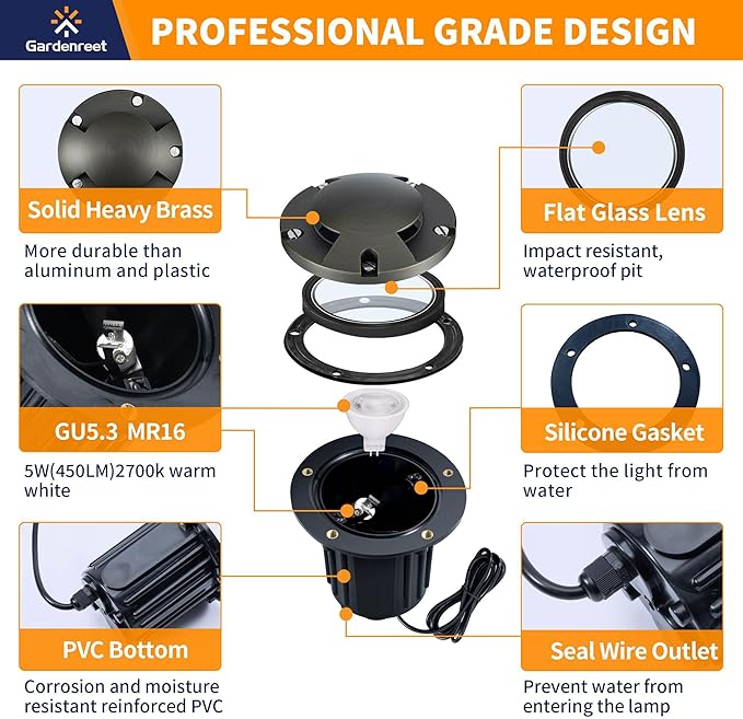 Gardenreet Brass In Ground Landscape Lighting Low Voltage Kit(6 Pack) with MR16 Bulb & 100Feet Wire & Connectors | Lumora