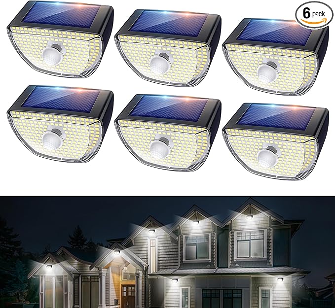 Solar Lights Outdoor 200 LED with 3 Lighting Modes, Solar Motion Sensor Lights, IP65 Waterproof Solar Powered Lights, 270° Wide Angle, for Garden Patio Yard Fence Deck, WHPG005AB,Black (6 Pack)