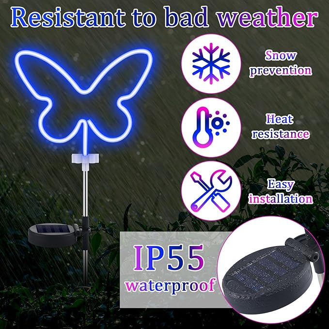 2 Pcs Butterfly Solar Lights Outdoor Decor Butterfly Neon Lights Yard Solar Lights for Outside Waterproof Decorations with Stake for Garden Patio Yard Pathway Decoration Gardening Gifts