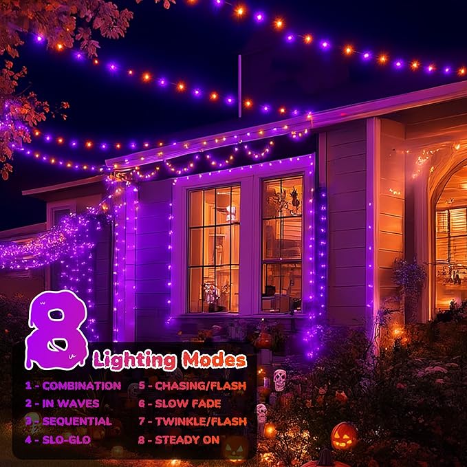 Tcamp 164FT 500 LED Orange Purple Halloween Lights outdoor Indoor, 8 Modes Christmas Tree Lights with Remote Timer Memory, Green Wire Starry Fairy String Light for Halloween decorations(Purple Orange)