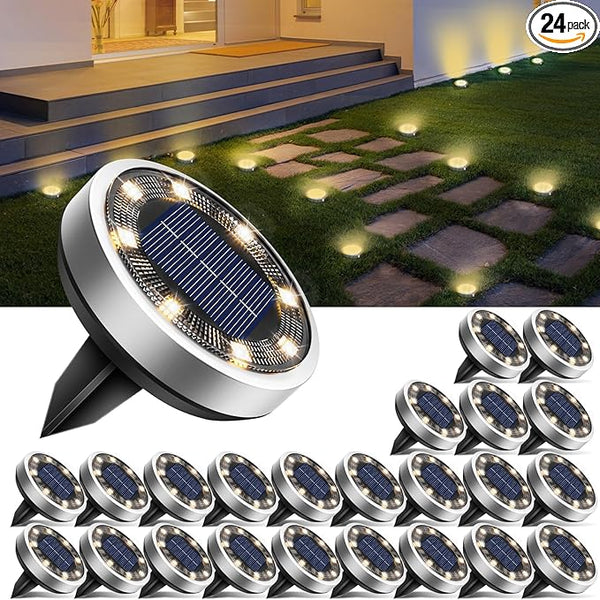 btfarm 24 Pack Solar Lights Outdoor, 8 LED Solar Ground Lights IP65 Waterproof Flat Solar Disc Light, Pathway | Lumora