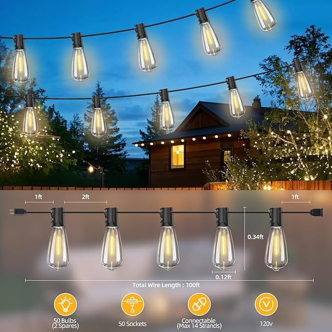 ST40 LED Outdoor String Lights 100FT with 50+2 Bulbs, E17 Socket, 0.6W, 2700K Warm White–Connectable for Garden | Lumora