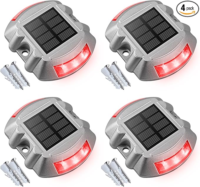 VOLISUN Christmas Solar Deck Lights Driveway Dock Lights, 4-Pack Led IP68 Waterproof Outdoor Warning Step Light for Driveway Sidewalk Garden Pathway Yard(Red, Auto On/Off