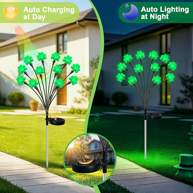 HELESIN St Patricks Day Decorations, 4 Pack St Patricks Day Outdoor Solar Lights with 2 Modes, Waterproof Shamrock | Lumora