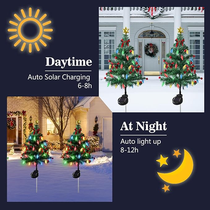 Dremisland 2Pack Solar Christmas Tree with 40LED Lights Outdoor Solar Christmas Decorations Waterproof Solar Powered Prelit Christmas Tree for Holiday Pathway Garden Yard (Solar Christmas Tree-2PCS)