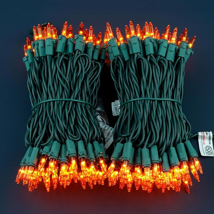 200 Orange Christmas Lights, Pack of 2 Strands 100 Count 33 ft Green Wire Incandescent-Style LED String Light (Orange)