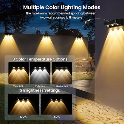 Solar Wall Lights,100 LM Solar Fence Lights Outdoor Solar Powered with Ultra-Bright LED Lens 1200 mAh Waterproof IP65 for Outside,Backyard,Patio,Porch,Yard,Garden,Railing 10 Pack (6 Modes)