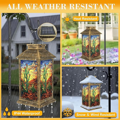 Solar Lantern Outdoor Waterproof Art Storm Clouds Prickly Pear Flowers Garden Decor LED Solar Lights Hanging/Tabletop Lamp Gifts for Women Mom for Outside Yard Patio