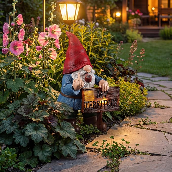 Lavezee Funny Garden Gnome, Middle Finger Gnomes Statue with Solar Lighted Sign – “My Territory” for Patio Backyard Porch Outdoor, Humorous Housewarming Birthday Gifts for Men Dad Husband