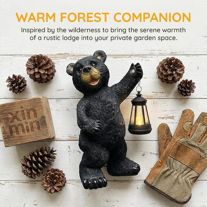 Solar Black Bear Garden Statue with LED Lantern - 14'' Outdoor Resin Animal Sculpture, Auto-On/Off Solar-Powered Waterproof Lawn Decor, 10-12H Long-Lasting Lighting for Patio/Yard/Porch
