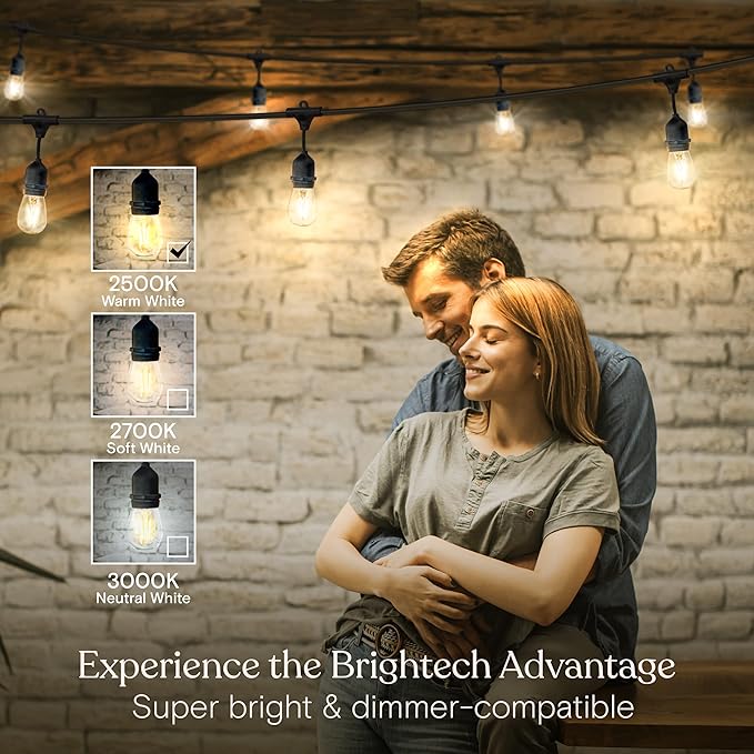 Brightech Bundle: Waterproof LED Outdoor String Lights Hanging, Dimmable 2W Vintage Edison Bulbs - 48 Ft + String | Lumora