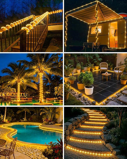 btfarm Solar Rope Lights Outdoor, 120LED 46FT Solar String Lights Outside Waterproof, 8 Lighting Modes Solar Powered Strip Tube Light for Garden Tree Christmas Yard Party Wedding Decor, Warm White