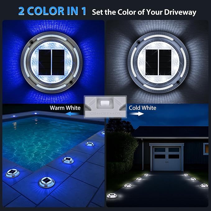 Solar Deck Lights,8 Pack Driveway Dock Light 2 Colors in 1 Solar Powered Lights Outdoor IP68 Waterproof Driveway Marker for Warning Step/Garden/Sidewalk/Pathway/Yard (Blue & Cool White)