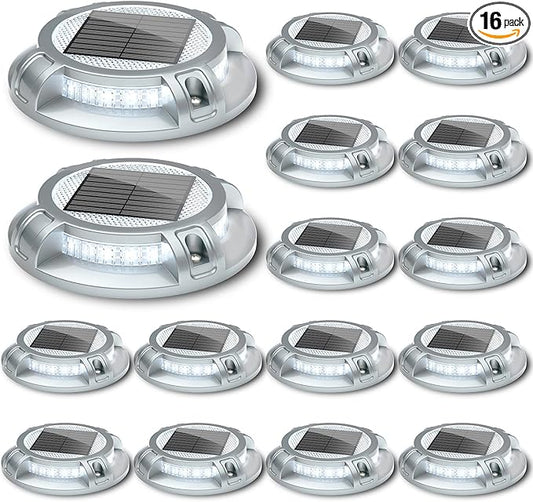SIEDiNLAR Solar Driveway Lights Outdoor 4 Modes 40 LEDs Deck Driveway Markers Marine Dock Light Waterproof for Walkway Ground Pathway Step Garden Yard, White/Warm Dynamic Lighting (16 Pack)