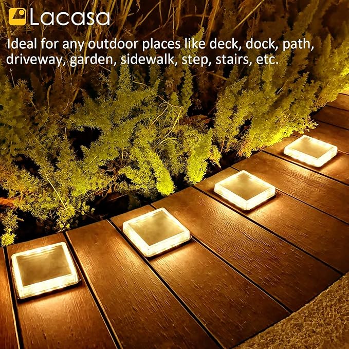 Lacasa Solar Step Lights, 4-Pack 50LM 3000K Warm White LED Solar Deck Lights, Outdoor Solar Powered Step Lights, IP68 Waterproof for Garden Stairs Ground Driveway Pathway