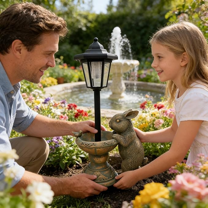 Solar Rabbit Garden Statue for Outdoor Decor with Lantern - Lawn Decoration 15.8“ Tall Bunny Figurine Lights for Patio, Yard, Porch Ornament - Valentine's Day Gifts for Mom, Grandma, Women