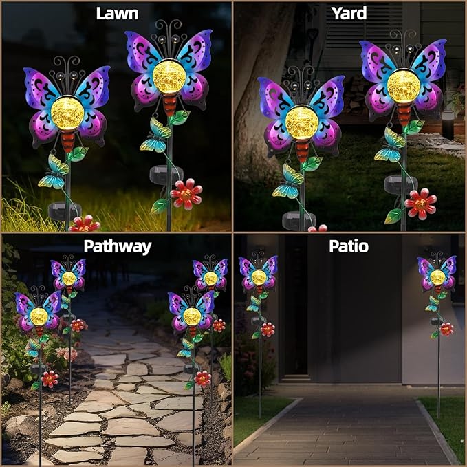 Solar Butterfly Garden Stake Lights Outdoor Waterproof Metal Butterfly Solar Lights for Outside Yard Patio Decor Garden Stakes Decorative Outdoor Lawn Ornaments Housewarming Gardening Gifts for Women